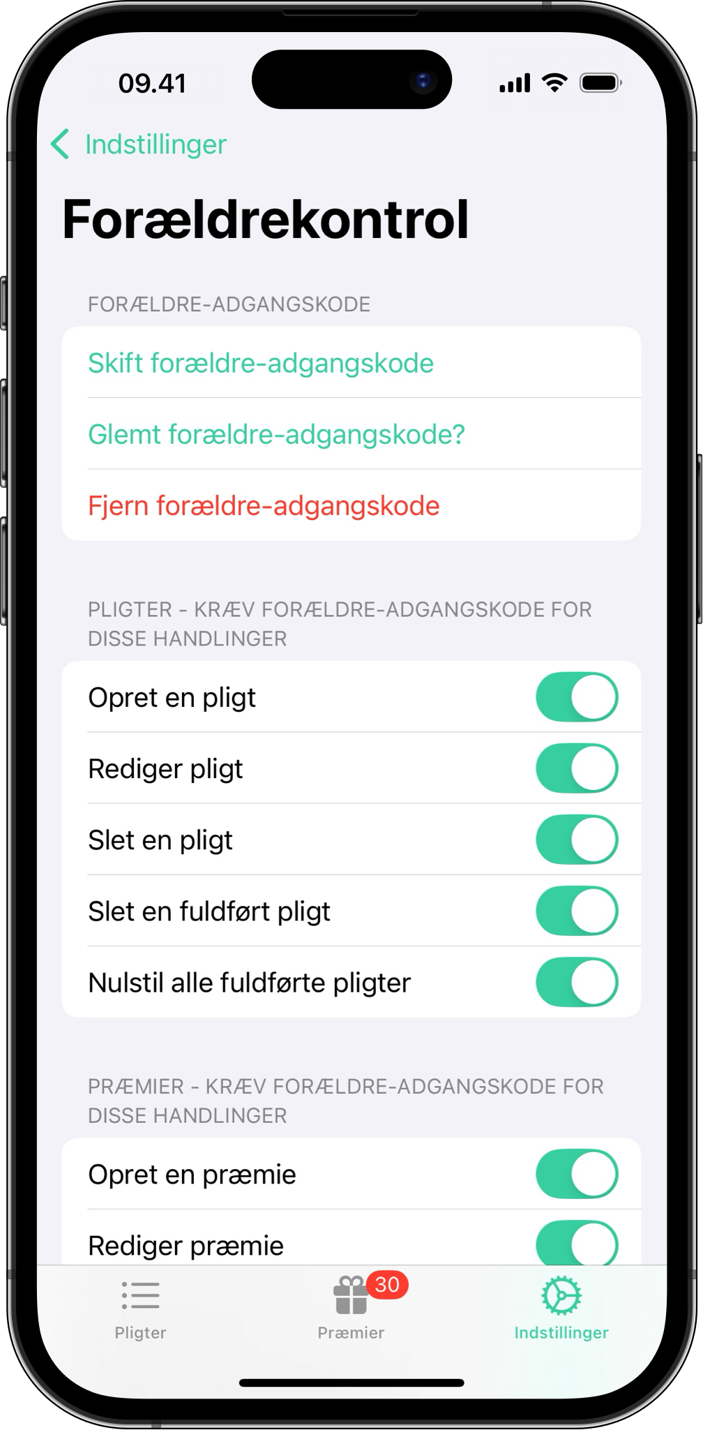 Forældrekontrol – Beskyt vigtige handlinger i Mine Pligter-appen Skærmbillede af forældrekontrol i Mine Pligter, hvor man kan kræve adgangskode for at oprette, redigere eller slette pligter og præmier.